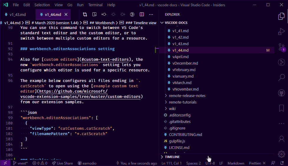 Timeline view in VS Code