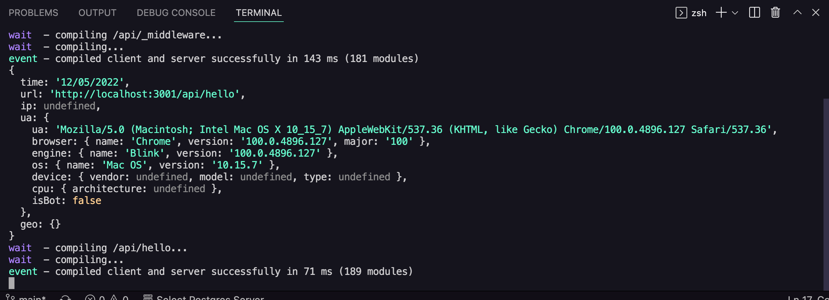 Terminal showing the logged request info