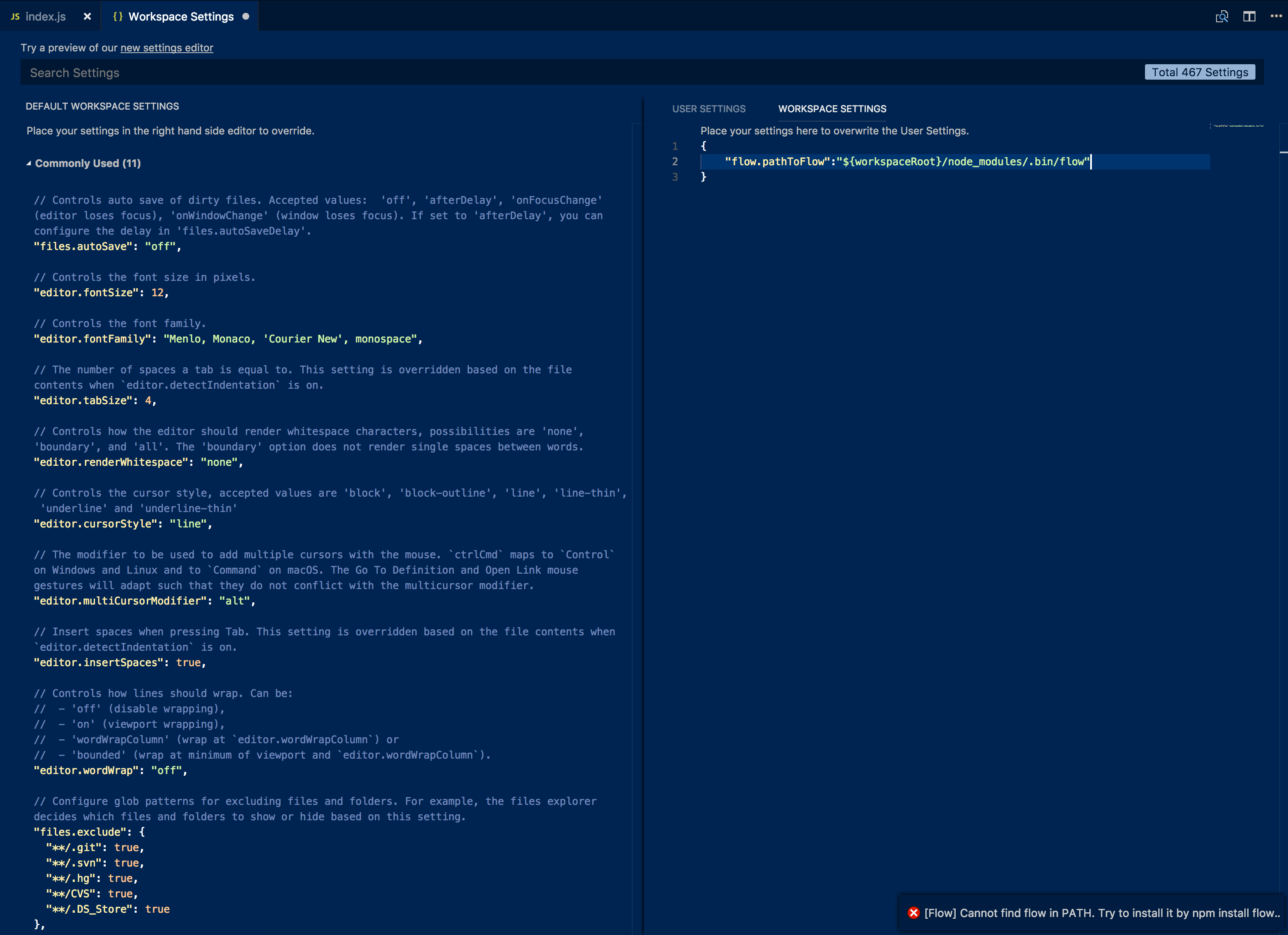 user settings workspace after modifications